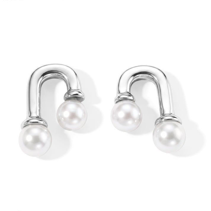 White Fresh Water Pearl U-Shaped Earring with Push Back in Rhodium Overlay Sterling Silver 8712721 1