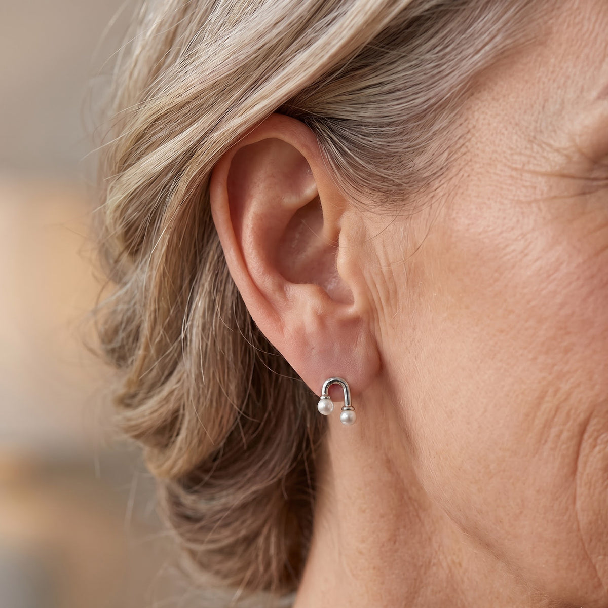 White Fresh Water Pearl U-Shaped Earring with Push Back in Rhodium Overlay Sterling Silver V32667982 2