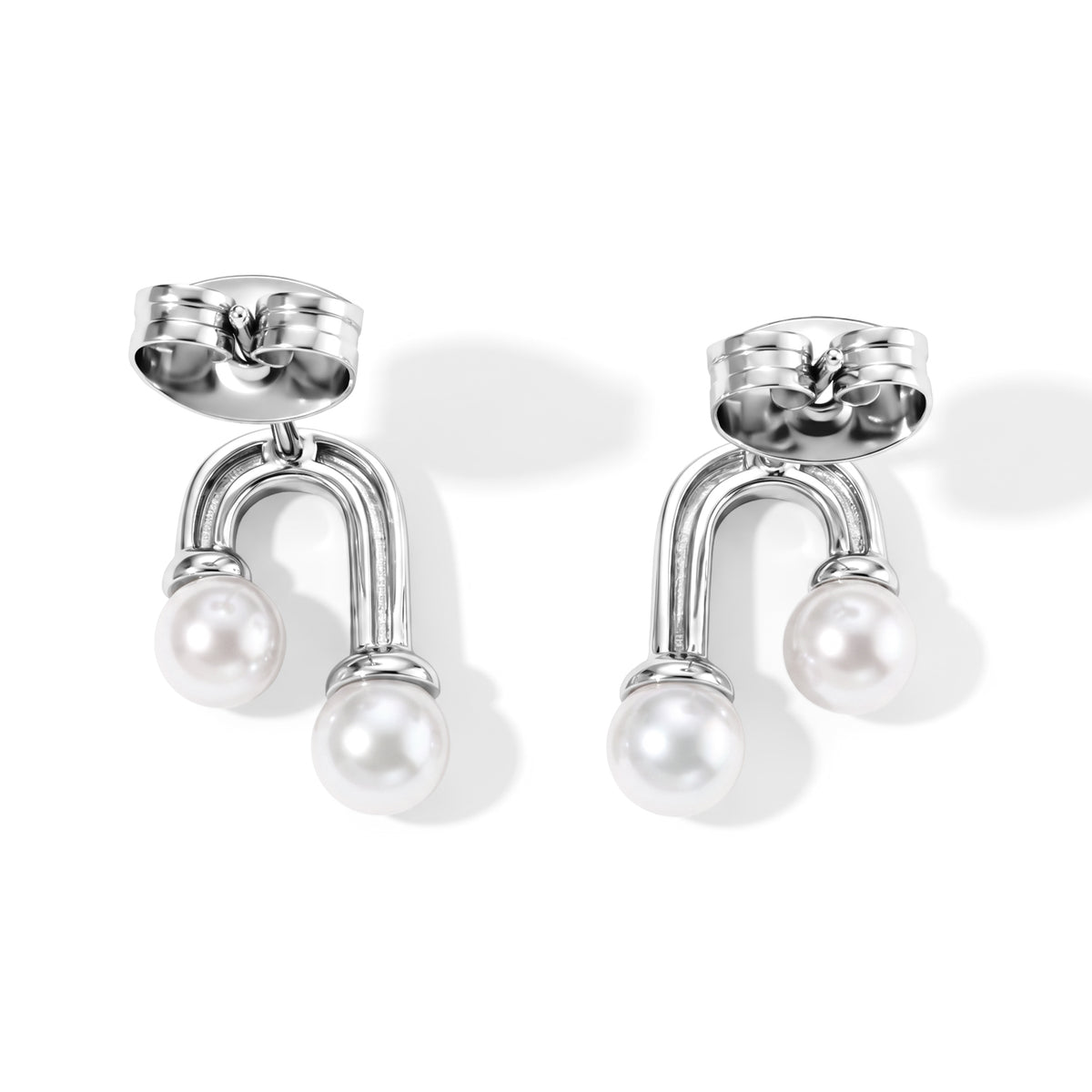 White Fresh Water Pearl U-Shaped Earring with Push Back in Rhodium Overlay Sterling Silver V32667982 4