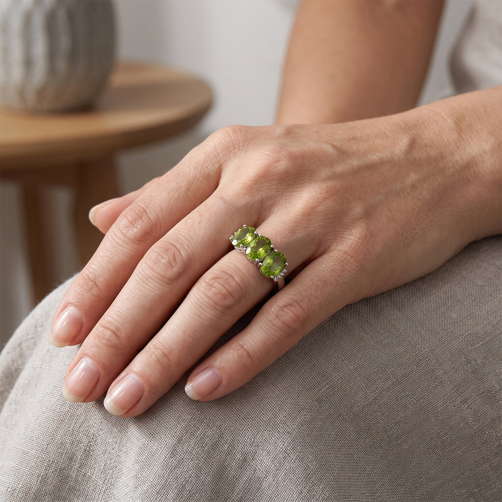 D'Joy - Natural Hebei Peridot & White Diamond Trilogy Ring in Rhodium Overlay Sterling Silver 5.90 Ct._8712723_1