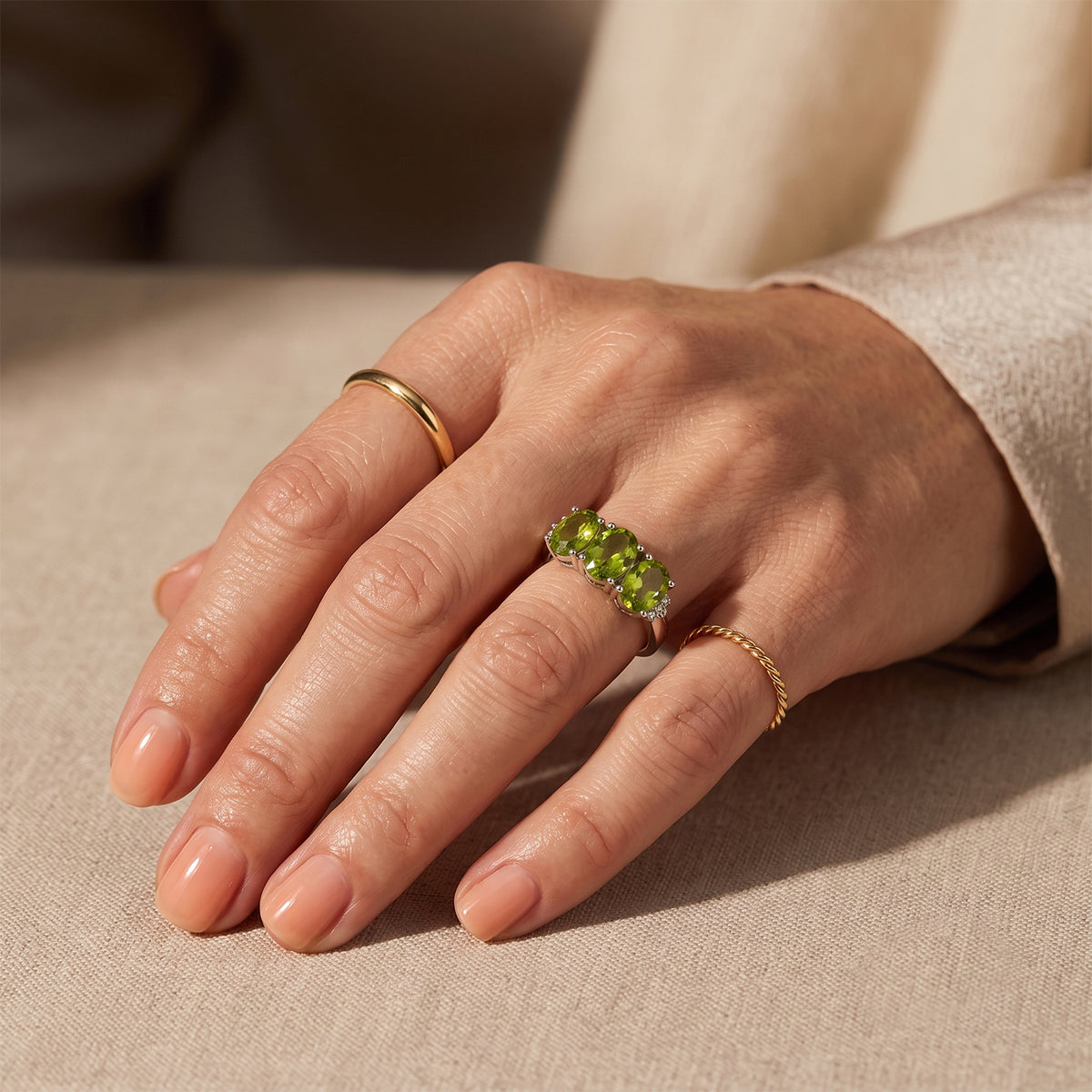 D'Joy - Natural Hebei Peridot and Natural White Diamond Trilogy Ring in Rhodium Overlay Sterling Silver 5.90 Ct. 8712723 3