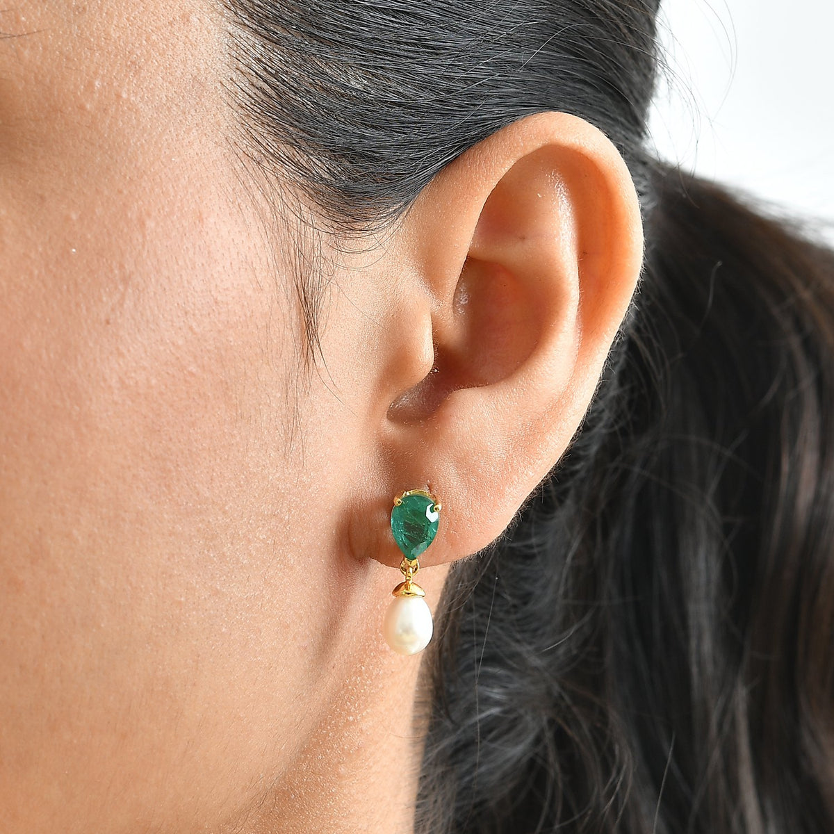 Colombian Colour Emeraldine Quartz &amp; Fresh Water Pearl Dangling Earring with Push Post in Yellow Gold Plated Sterling Silver 7.33 Ct. V32638004 2