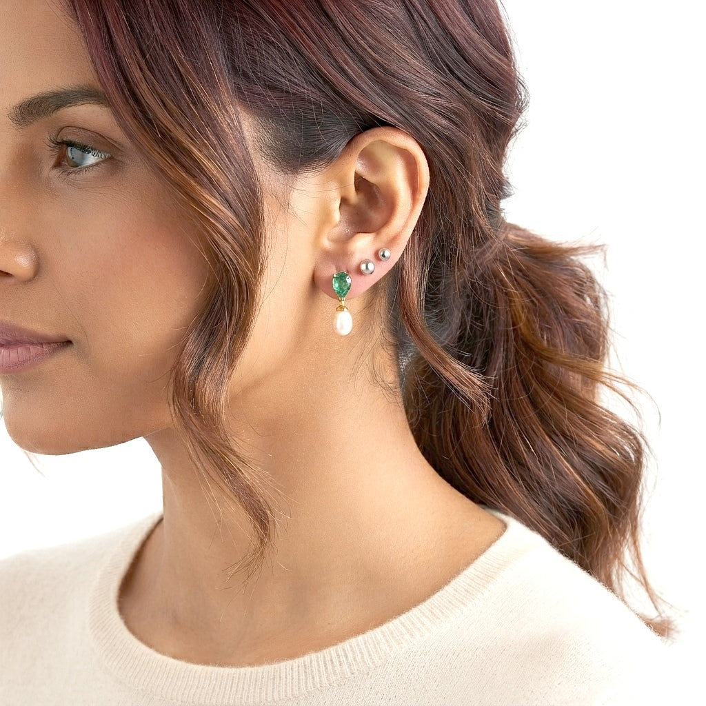 Colombian Colour Emeraldine Quartz &amp; Fresh Water Pearl Dangling Earring with Push Post in Yellow Gold Plated Sterling Silver 7.33 Ct. V32638004 3