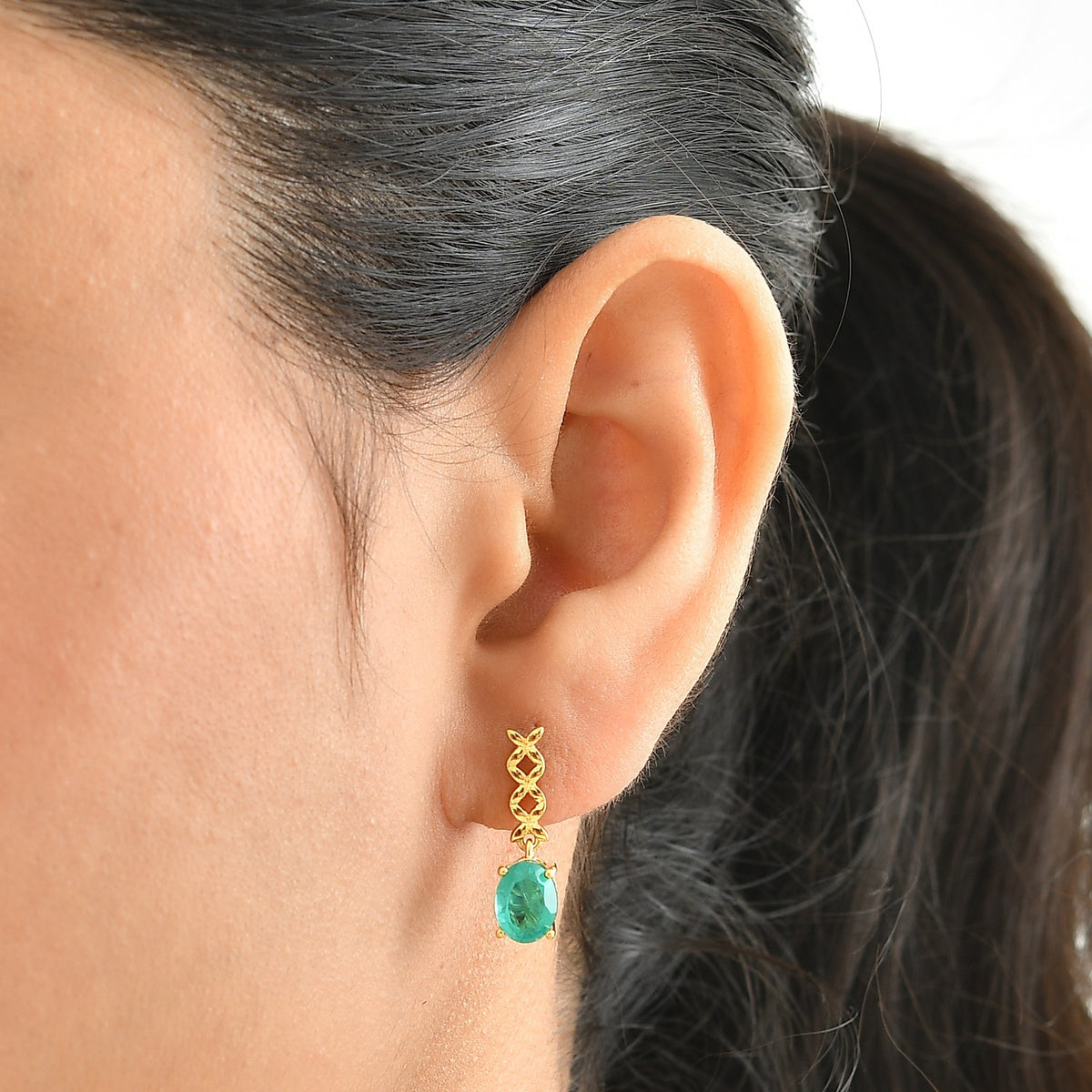 D'Joy - Colombian Colour Emeraldine Quartz Dangling Earring in Yellow Gold Plated Sterling Silver 3.15 Ct. V32722297 2