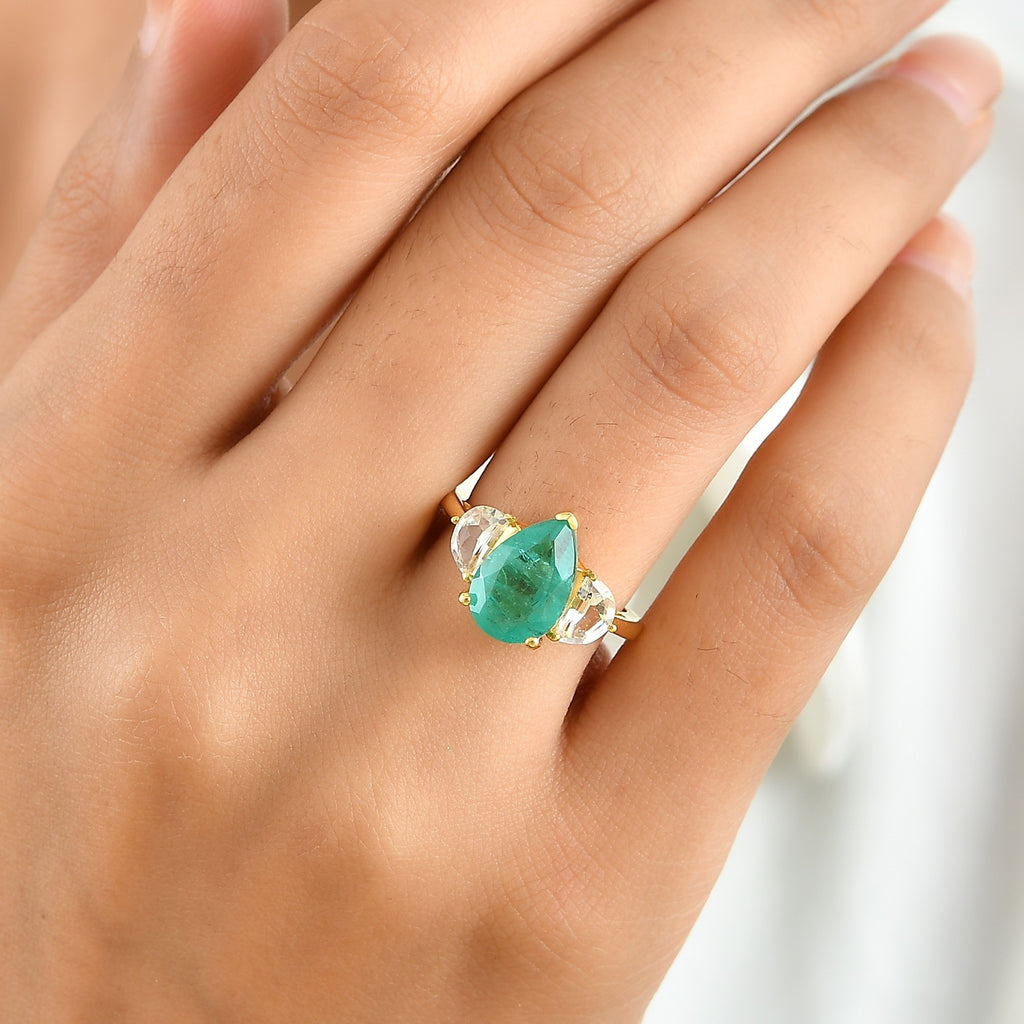 D'Joy - Colombian Colour Emeraldine Quartz & White Topaz Trilogy Ring in Yellow Gold Plated Sterling Silver 4.65 Ct._8712737_1