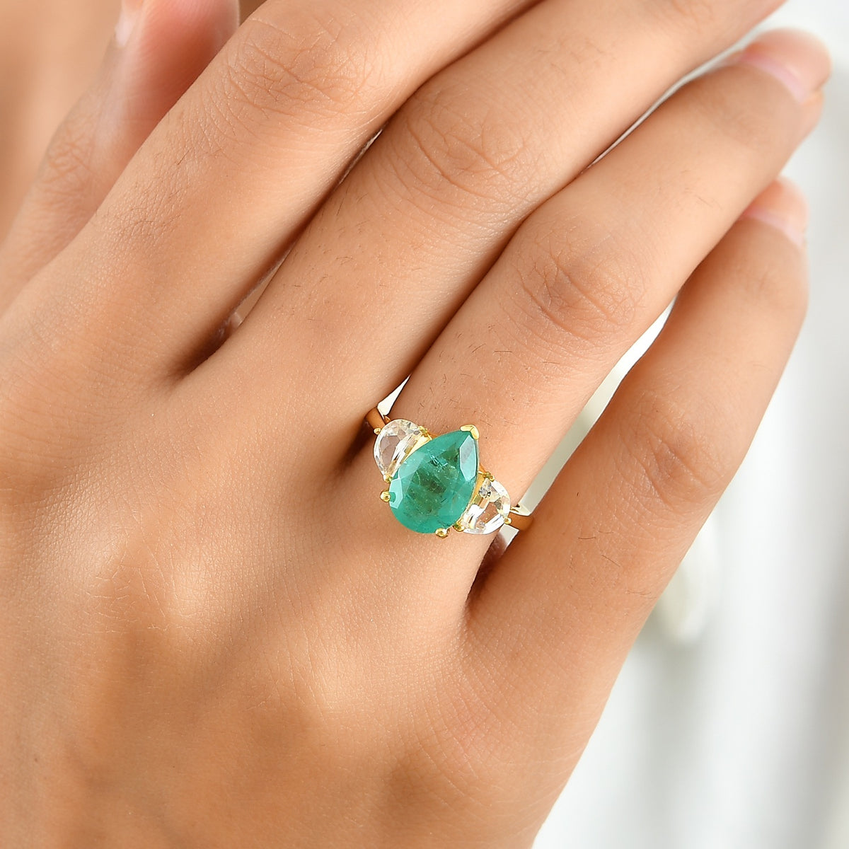 D'Joy - Colombian Colour Emeraldine Quartz &amp; White Topaz Trilogy Ring in Yellow Gold Plated Sterling Silver 4.65 Ct. V32638471 2