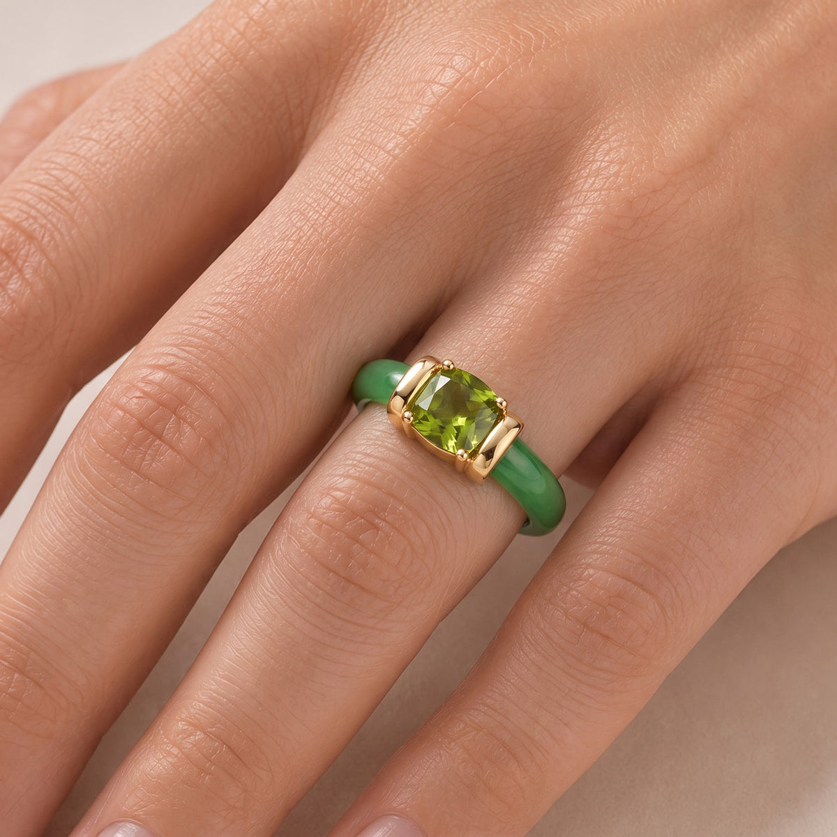 D'Joy - Natural Hebei Peridot and Green Jade Solitaire Band Ring in Yellow Gold Plated Sterling Silver 11.55 Ct. 8712815 2