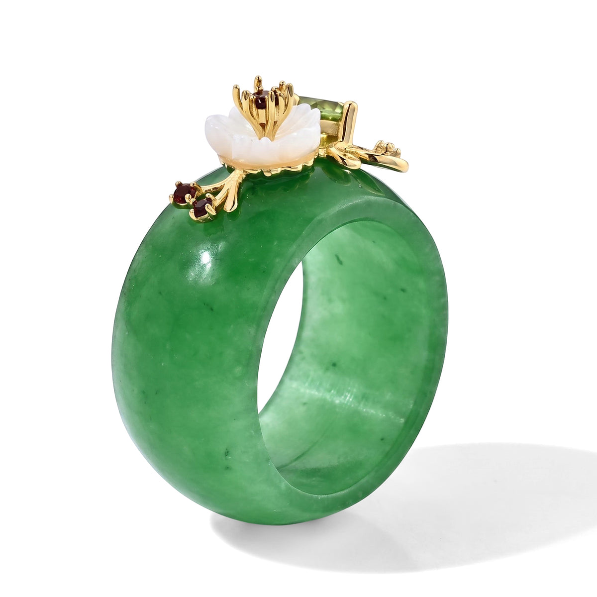 Jardin Collection- Green Jade &amp; Multi Gemstones Floral Ring in Yellow Gold Plated Sterling Silver 33.20 Ct. V32610018 4