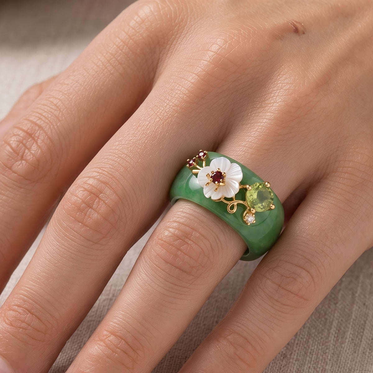 Jardin Collection- Green Jade &amp; Multi Gemstones Floral Ring in Yellow Gold Plated Sterling Silver 33.20 Ct. V32609789 2
