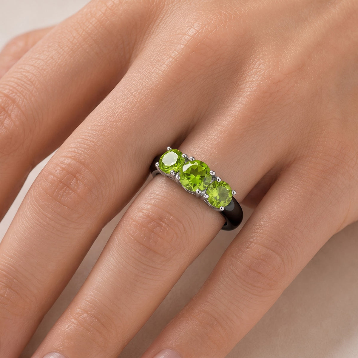 One Time Deal - Natural Hebei Peridot &amp; Natural Black Jade Trilogy Ring in Rhodium Overlay Sterling Silver 14.44 Ct. 8712911 2