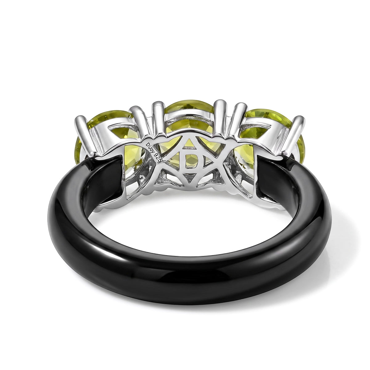 One Time Deal - Natural Hebei Peridot &amp; Natural Black Jade Trilogy Ring in Rhodium Overlay Sterling Silver 14.44 Ct. 8712911 5