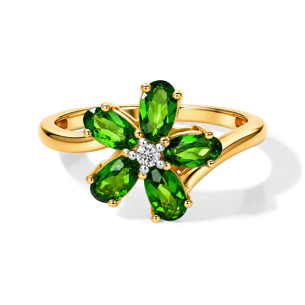 Luxuriant - Natural Chrome Diopside &amp; Lab Grown Diamond (SI-G-H) Floral Ring in Yellow Gold Plated Sterling Silver 1.20 Ct. 8713223 0