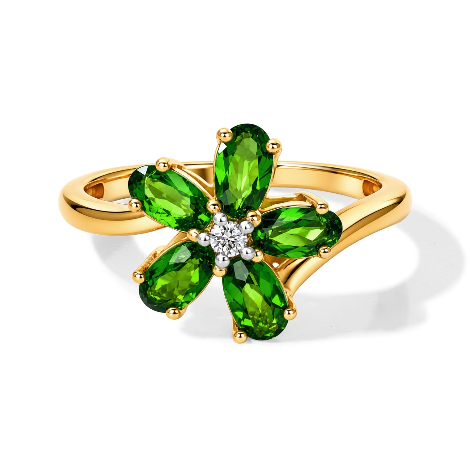 Luxuriant - Natural Chrome Diopside &amp; Lab Grown Diamond (SI-G-H) Floral Ring in Yellow Gold Plated Sterling Silver 1.20 Ct. 8713223 0