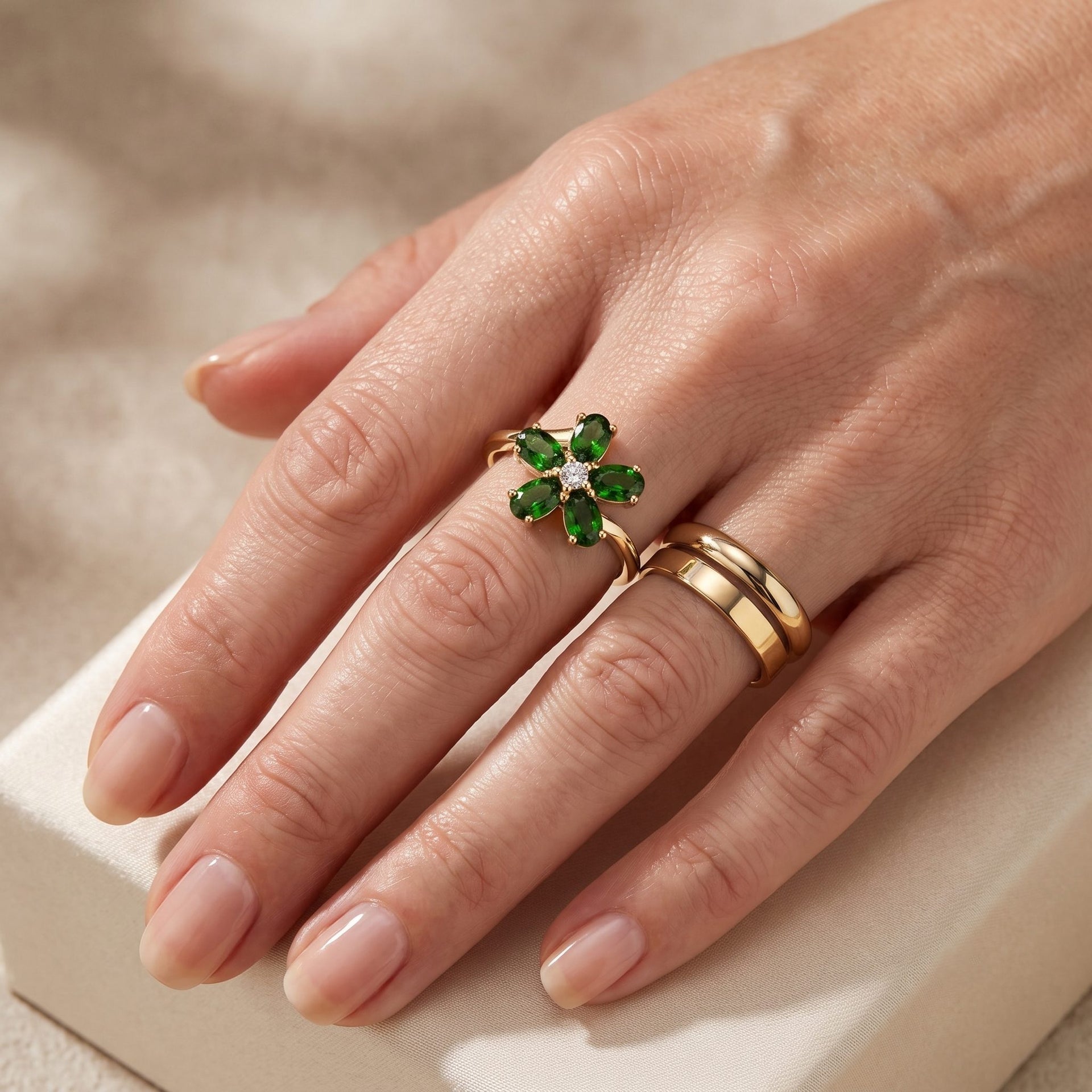 Luxuriant - Natural Chrome Diopside &amp; Lab Grown Diamond (SI-G-H) Floral Ring in Yellow Gold Plated Sterling Silver 1.20 Ct. 8713223 3