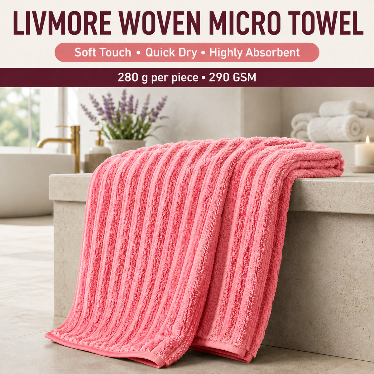 LIVMORE Quick-Dry Microfiber Soft Absorbent Bath Towel (70 x 140cm, 290 GSM) - Pink 8713287 2