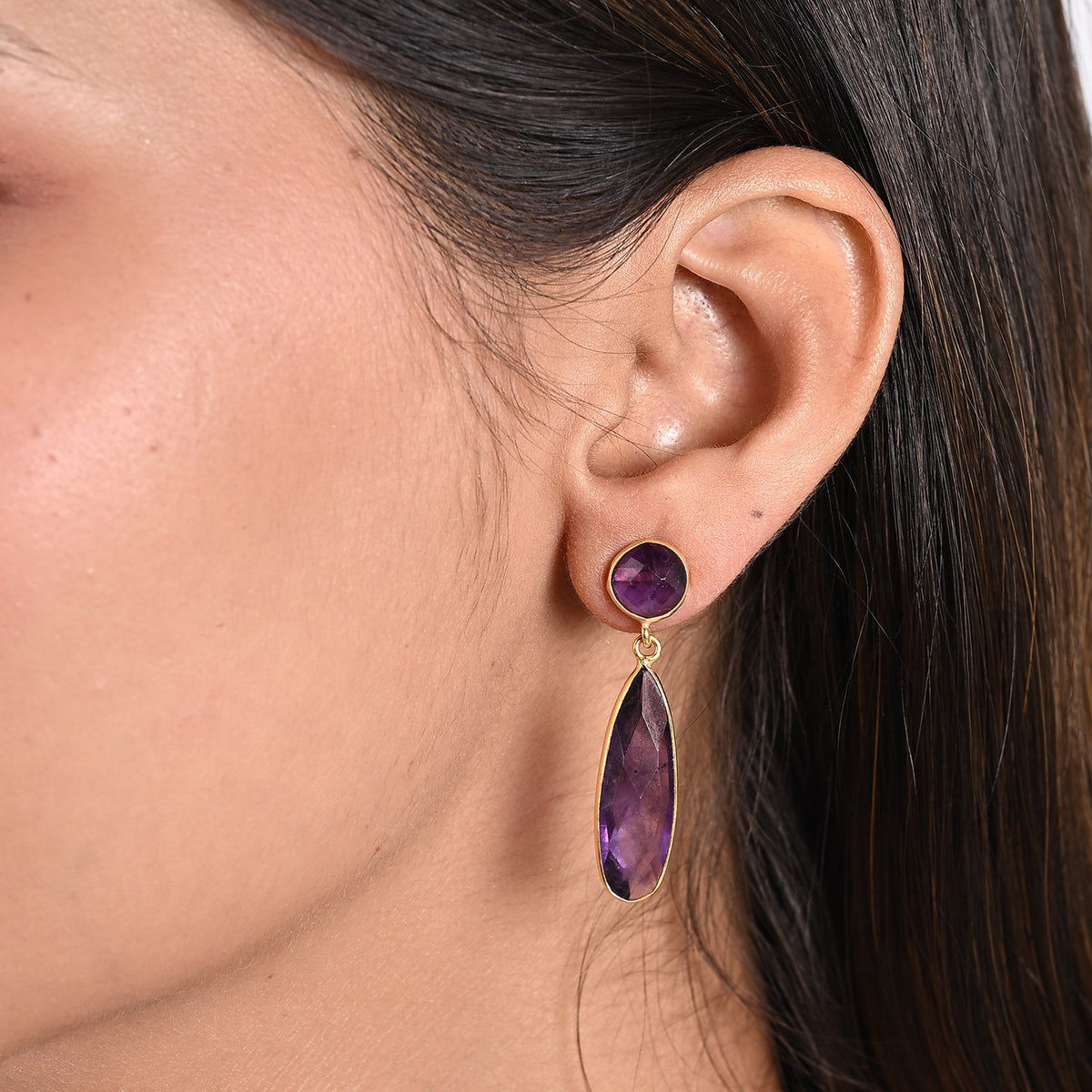 Purple Amethyst Dangling Earrings with Push Back in Gold Tone 5.30 Ct. 8713468 2