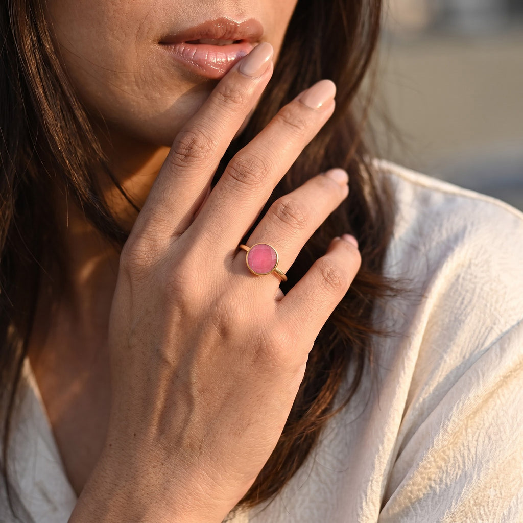 Handmade Pink Jade Adjustable Ring in Gold Tone 1.60 Ct._8713521_1