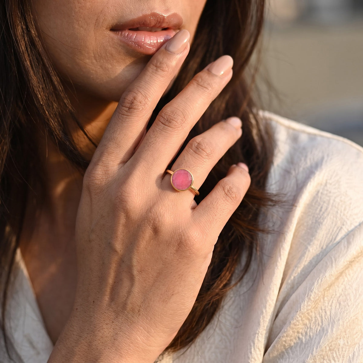 Handmade Pink Jade Adjustable Ring in Gold Tone 1.60 Ct. 8713521 1