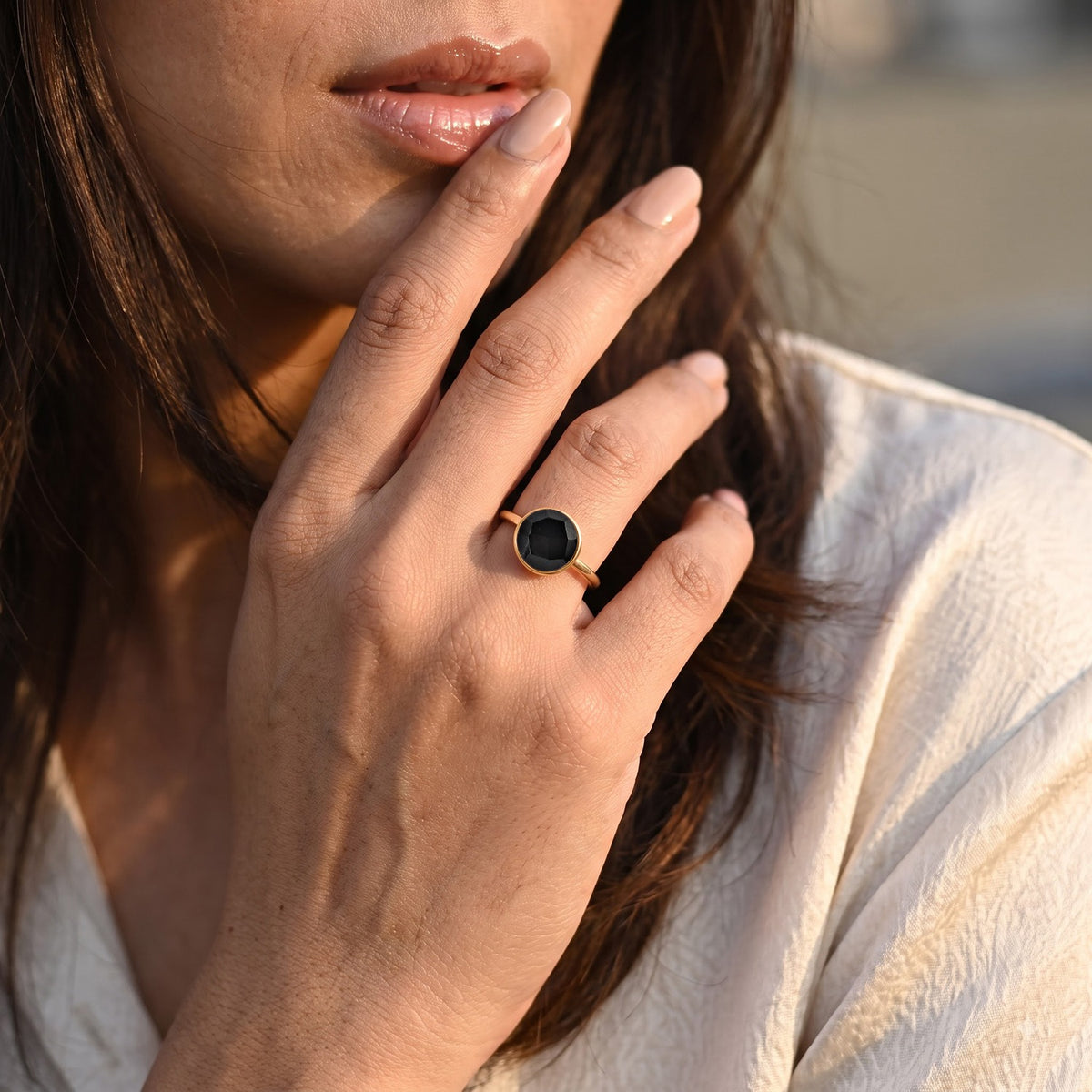 Handmade Black Onyxt Adjustable Ring in Gold Tone 3.80 Ct. 8713522 1
