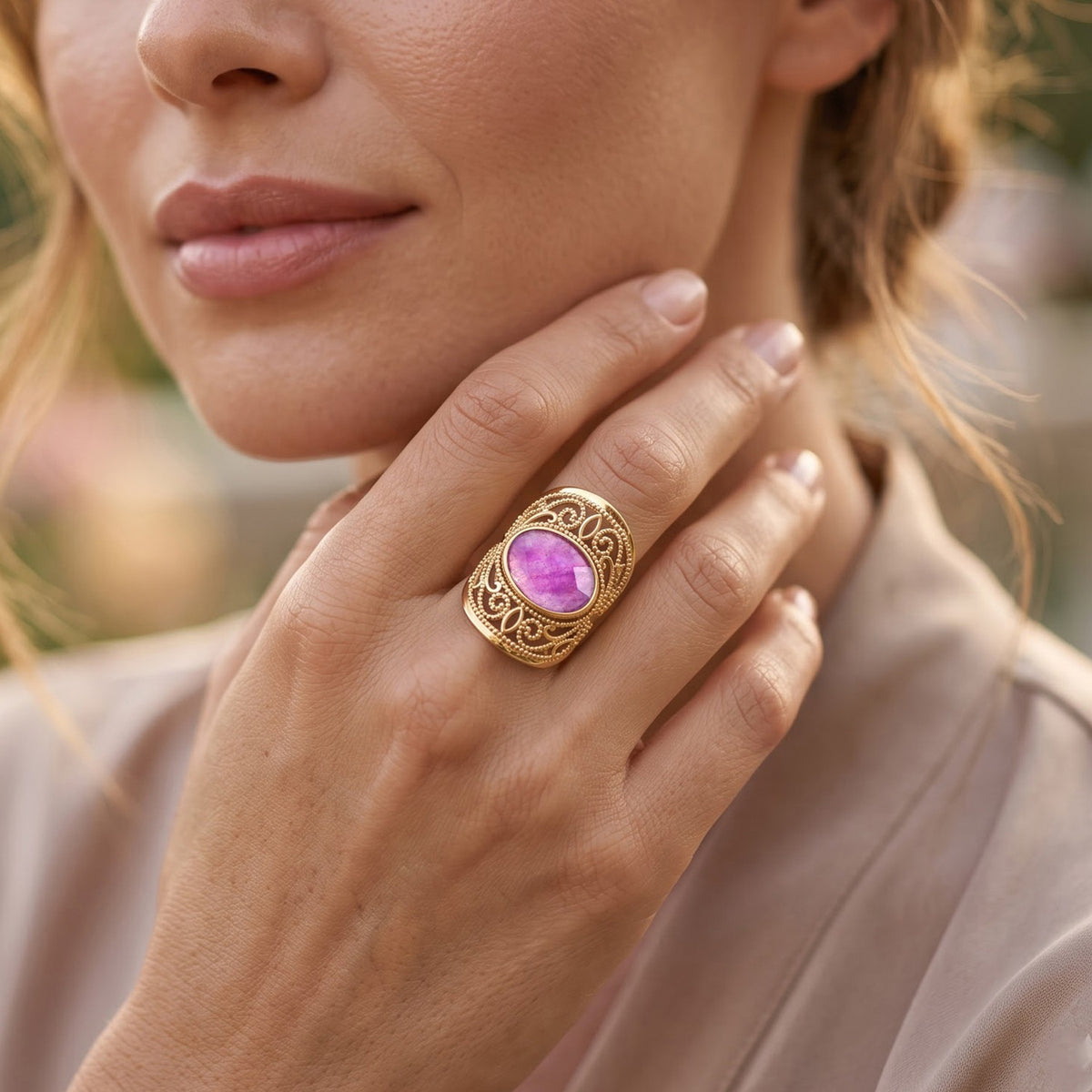 Purple Amethyst Oval Adjustable Ring in Gold Tone 4.30 Ct. 8713523 1