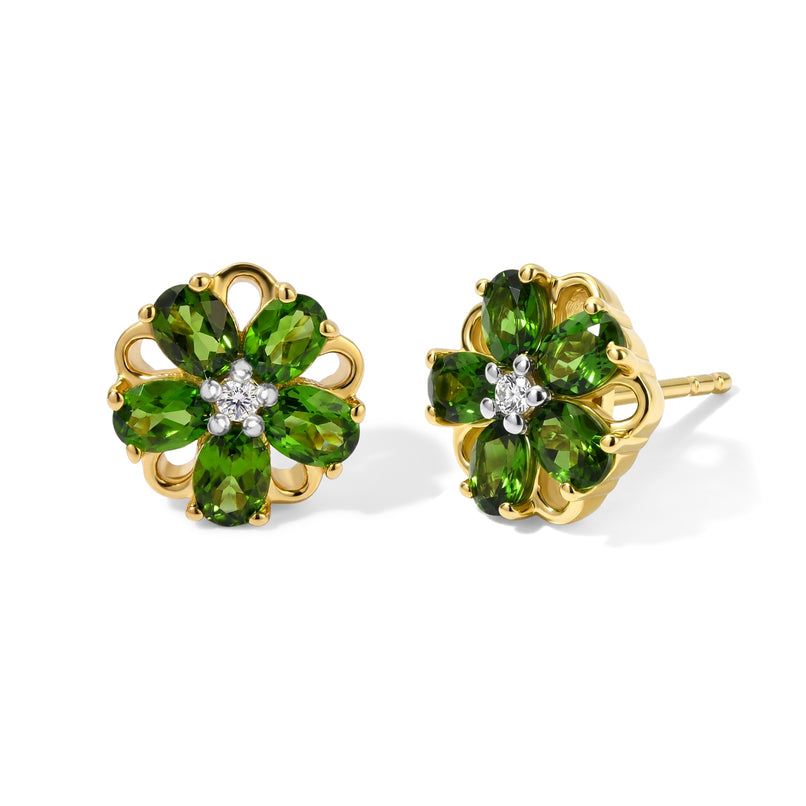 Luxuriant - Natural Chrome Diopside & Lab Grown Diamond (SI/G-H) Floral Earring with Push Back in Yellow Gold Plated Sterling Silver 1.85 Ct.