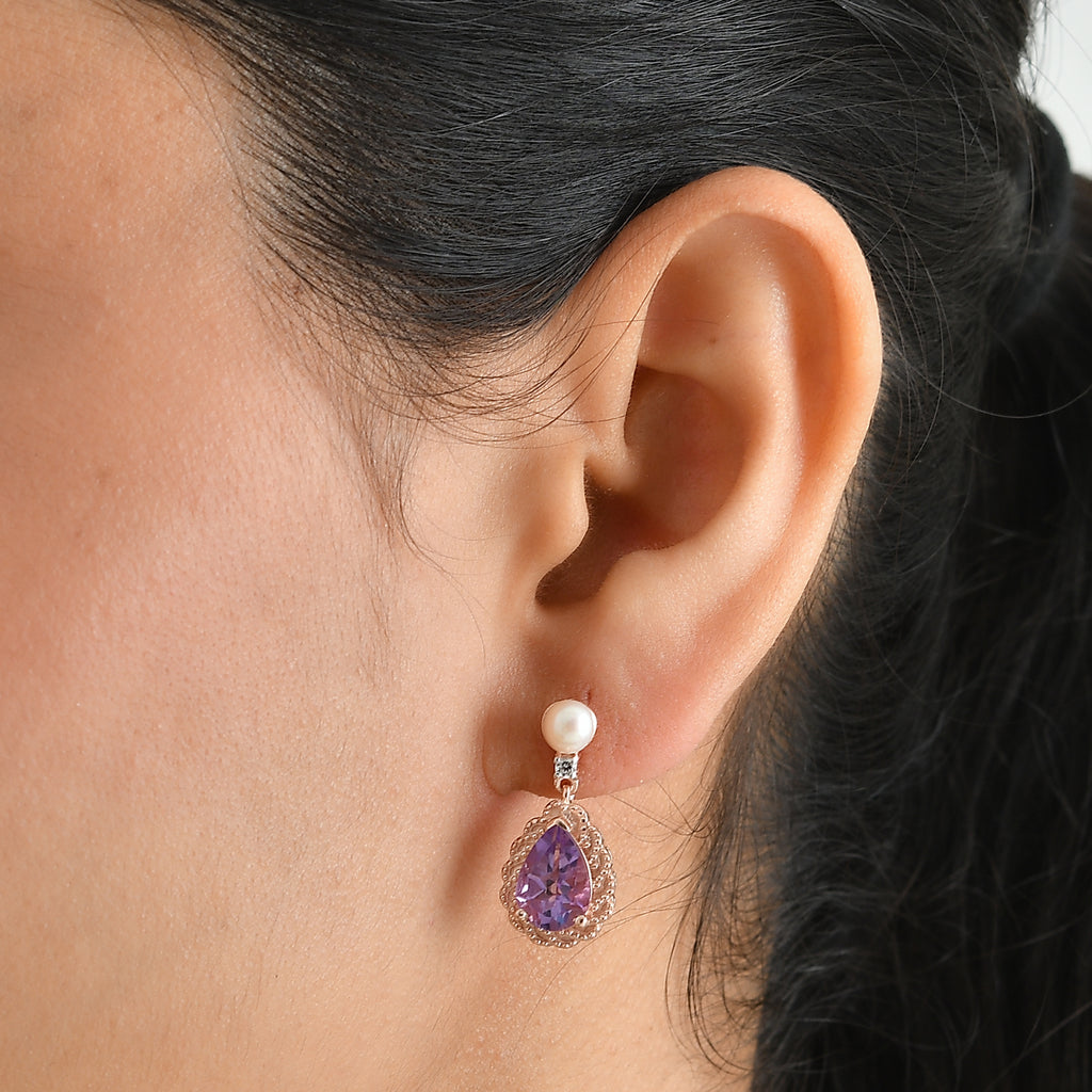 D'Joy - Rose De France Amethyst, White Zircon & Pink Fresh Water Pearl Dangling Earring with Push Post in Rose Gold Plated Sterling Silver 4.40 Ct._8714166_1