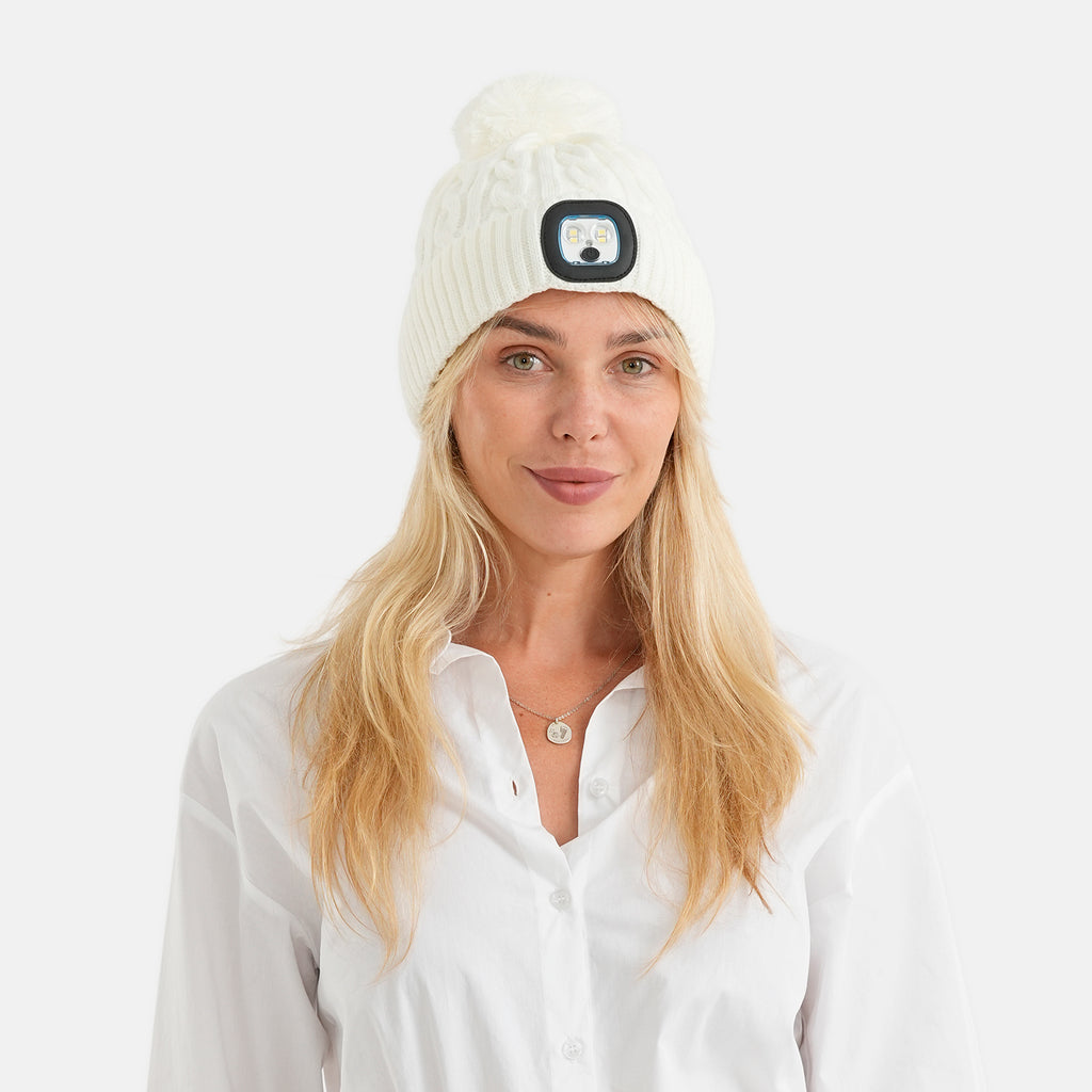 USB Rechargeable Waterproof LED Lighted Sherpa Lined Beanie Hat with Faux Fur Pom-Pom - Off White_8714339