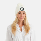 USB Rechargeable Waterproof LED Lighted Sherpa Lined Beanie Hat with Faux Fur Pom-Pom - Off White_8714339
