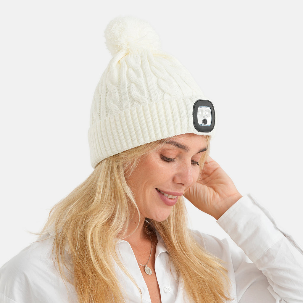 USB Rechargeable Waterproof LED Lighted Sherpa Lined Beanie Hat with Faux Fur Pom-Pom - Off White_8714339_1