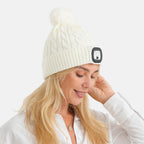 USB Rechargeable Waterproof LED Lighted Sherpa Lined Beanie Hat with Faux Fur Pom-Pom - Off White_8714339_1