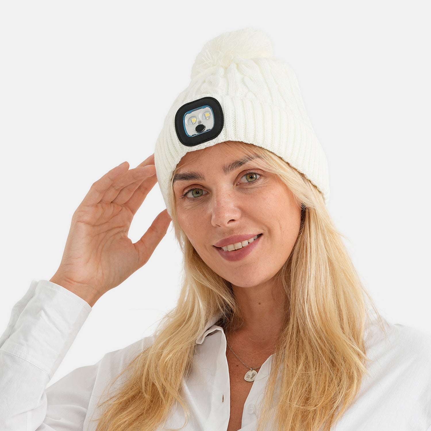 USB Rechargeable Waterproof LED Lighted Sherpa Lined Beanie Hat with Faux Fur Pom-Pom - Off White 8714339 2