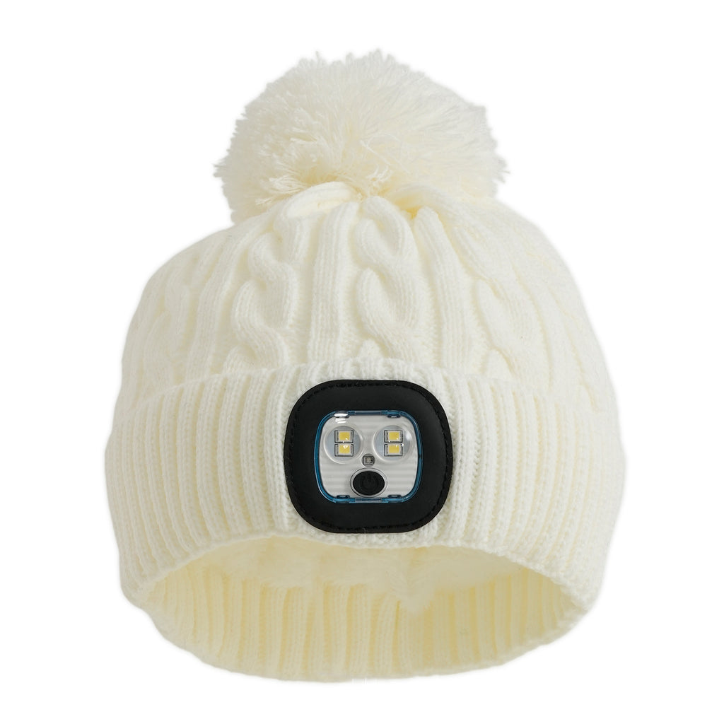 USB Rechargeable Waterproof LED Lighted Sherpa Lined Beanie Hat with Faux Fur Pom-Pom - Off White_8714339_3