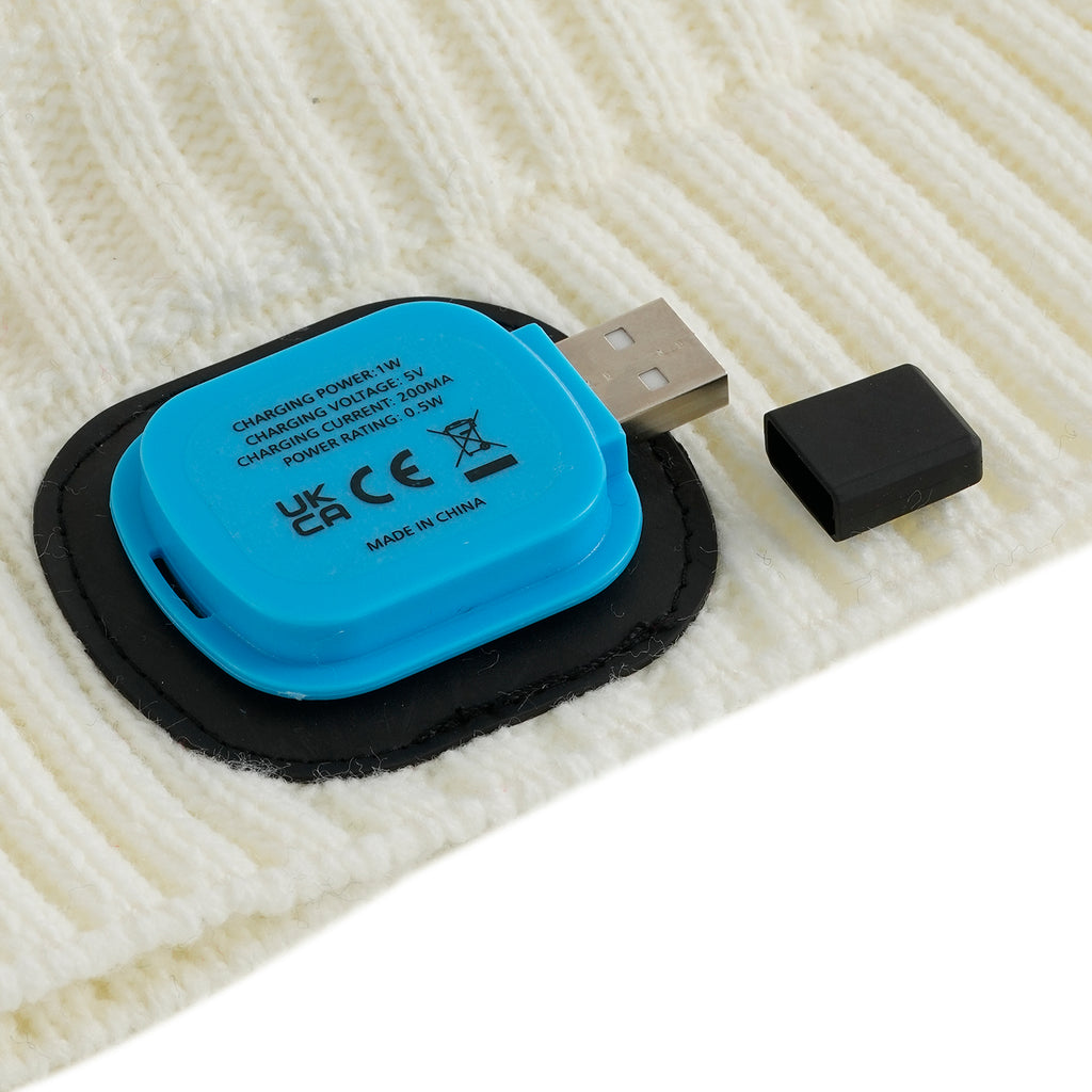 USB Rechargeable Waterproof LED Lighted Sherpa Lined Beanie Hat with Faux Fur Pom-Pom - Off White_8714339_5