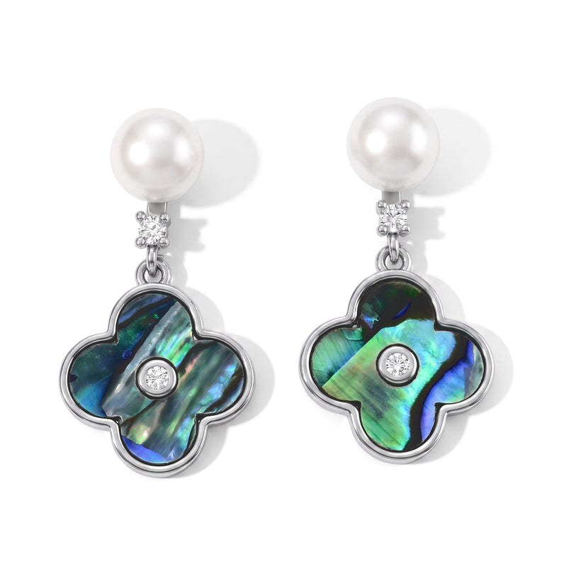 Abalone Shell, White Cubic Zirconia & White Fresh Water Pearl Beads Earring with Push Back 7.00 Ct._8714428