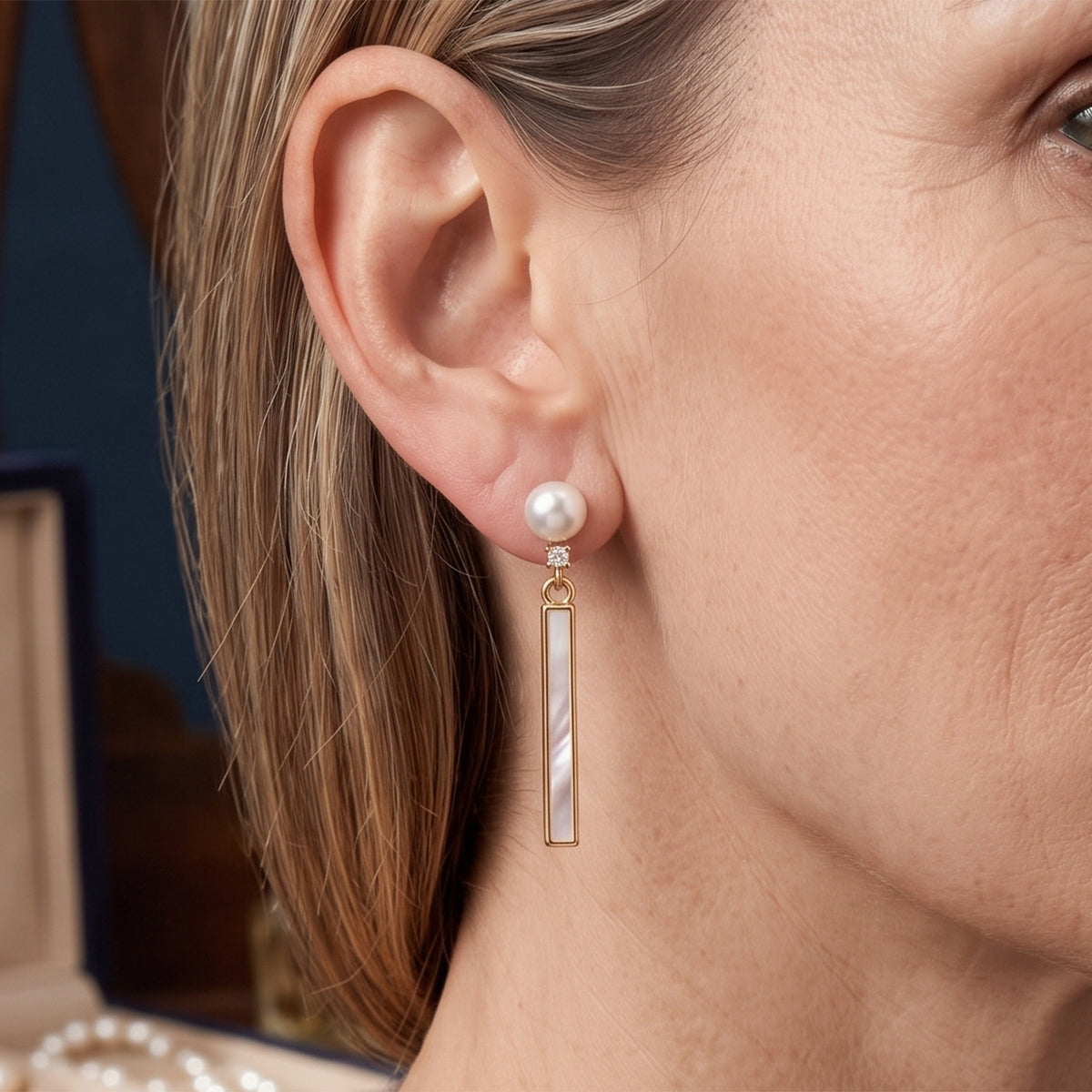 White Fresh Water Pearl &amp; White Mother Of Pearl Dangling Earring with Push Back V32718797 3