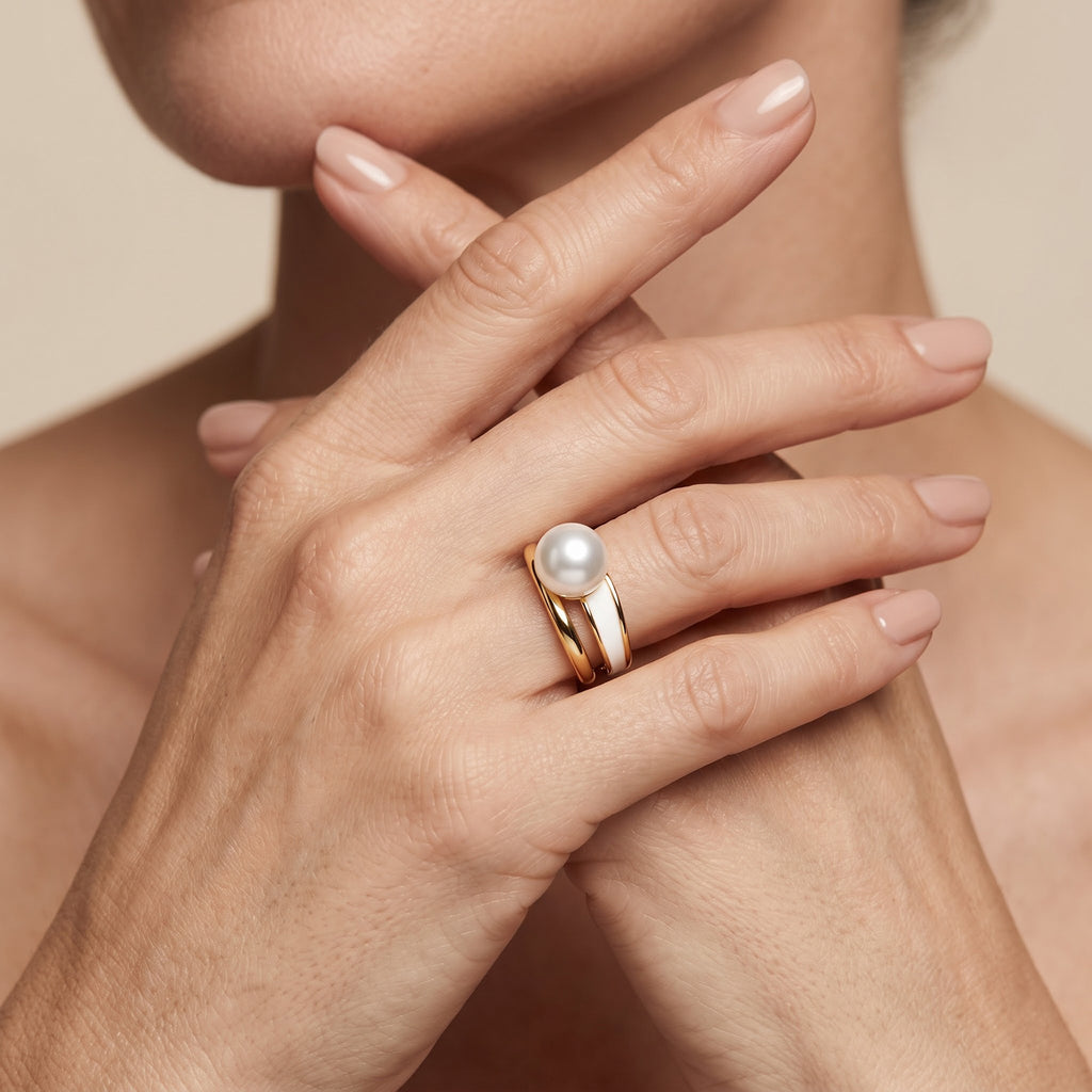 White Fresh Water Pearl Adjustable Ring with Enameling 3.00 Ct._8714499_1