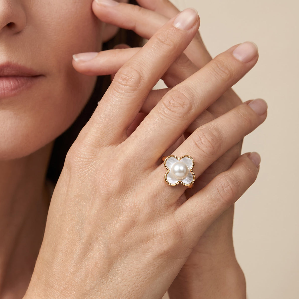 White Fresh Water Pearl &amp; White Mother Of Pearl Adjustable Floral Ring V32667875 3