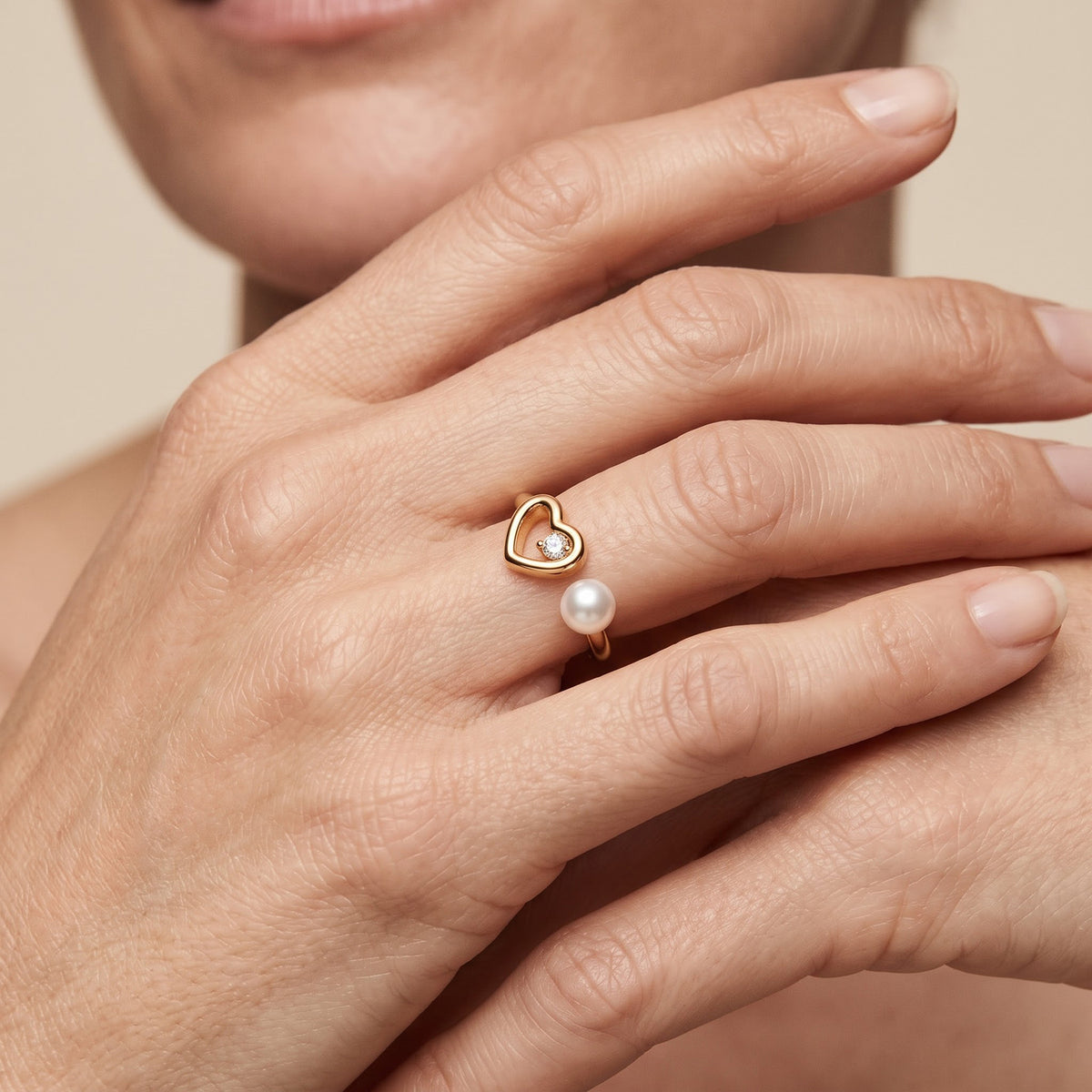 White Fresh Water Pearl &amp; White Cubic Zirconia Adjustable Heart Ring 8714501 3