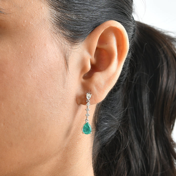 D'Joy - Colombian Colour Emeraldine Quartz &amp; White Topaz Dangling Earring with Push Post in Yellow Gold Plated Sterling Silver 3.70 Ct. 8714894 2