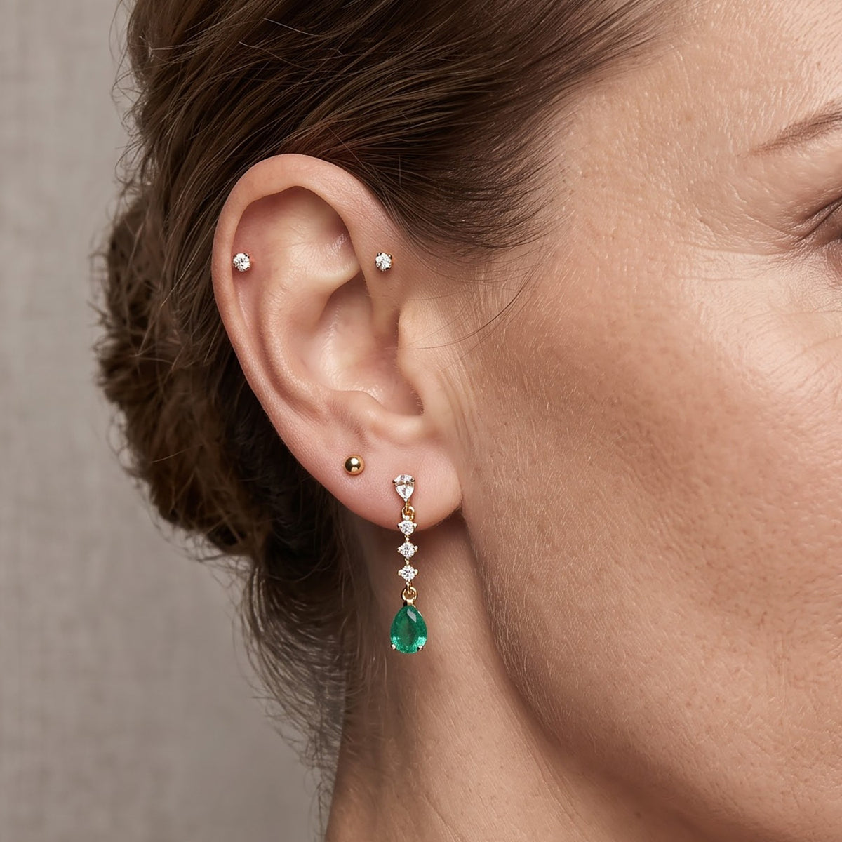 D'Joy - Colombian Colour Emeraldine Quartz &amp; White Topaz Dangling Earring with Push Post in Yellow Gold Plated Sterling Silver 3.70 Ct. V32637704 2