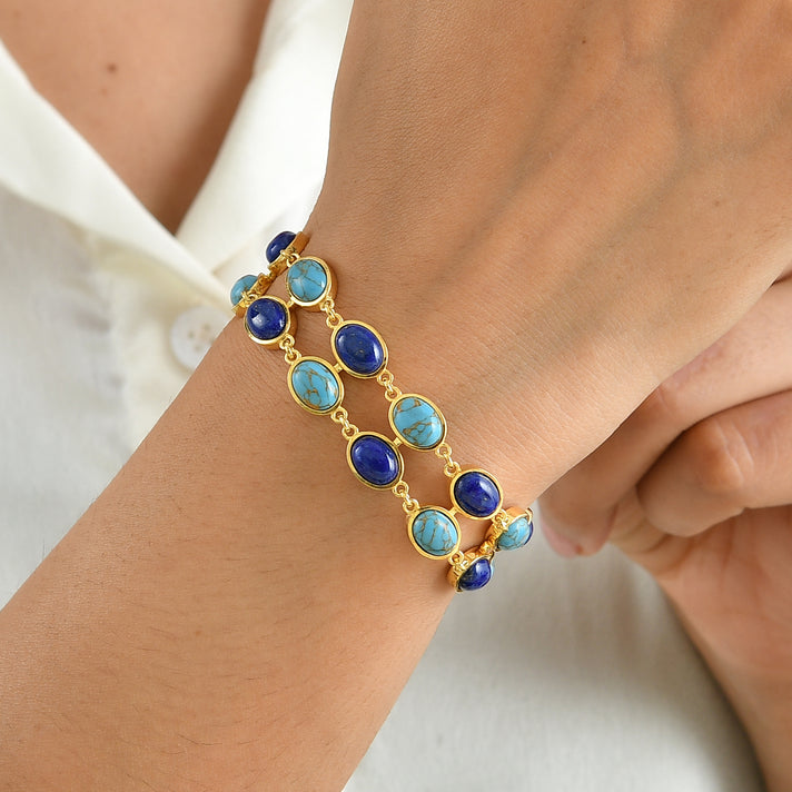 EverTrue - Blue Turquoise &amp; Lapis Lazuli Bracelet (Size - 7.5) in Yellow Gold Tone 32.70 Ct. 8719192 2