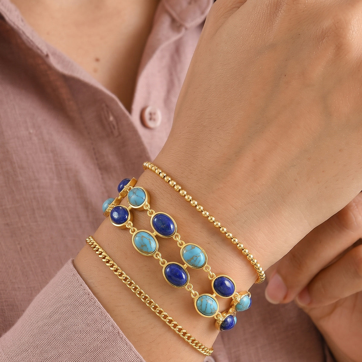 Mohave Blue Turquoise &amp; Lapis Lazuli Bracelet (Size - 7.5) in Yellow Gold Tone 32.70 Ct. 8719192 3