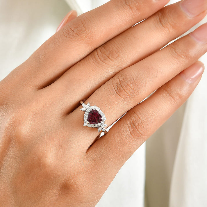D'Joy USAMBARA - Colour Change Garnet &amp; Moissanite Halo Heart Ring in Rhodium Overlay Sterling Silver 2.00 Ct. 8719200 2