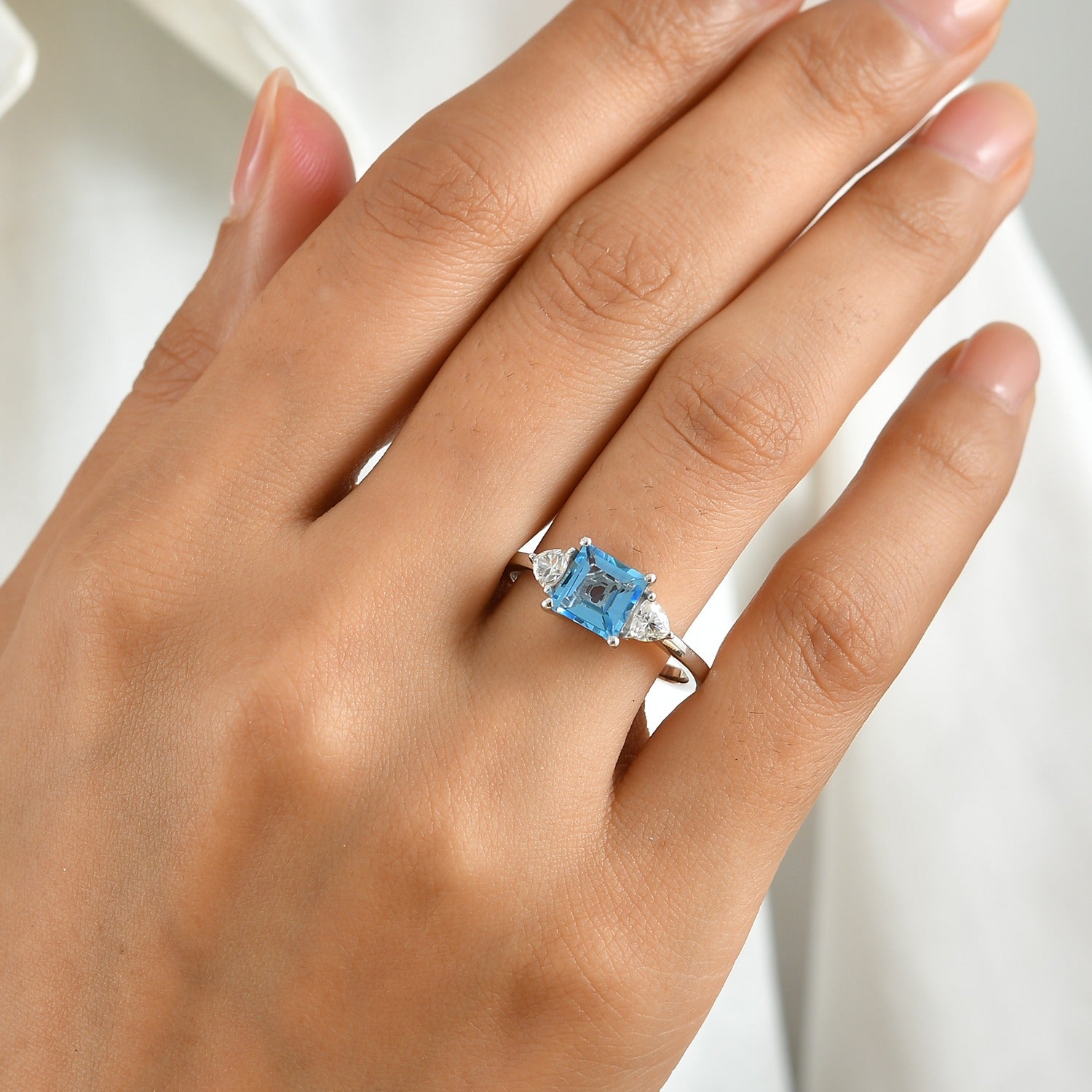 D'Joy - Swiss Blue Topaz &amp; Moissanite Trilogy Ring in Platinum Overlay Sterling Silver 2.56 Ct. 8719631 2