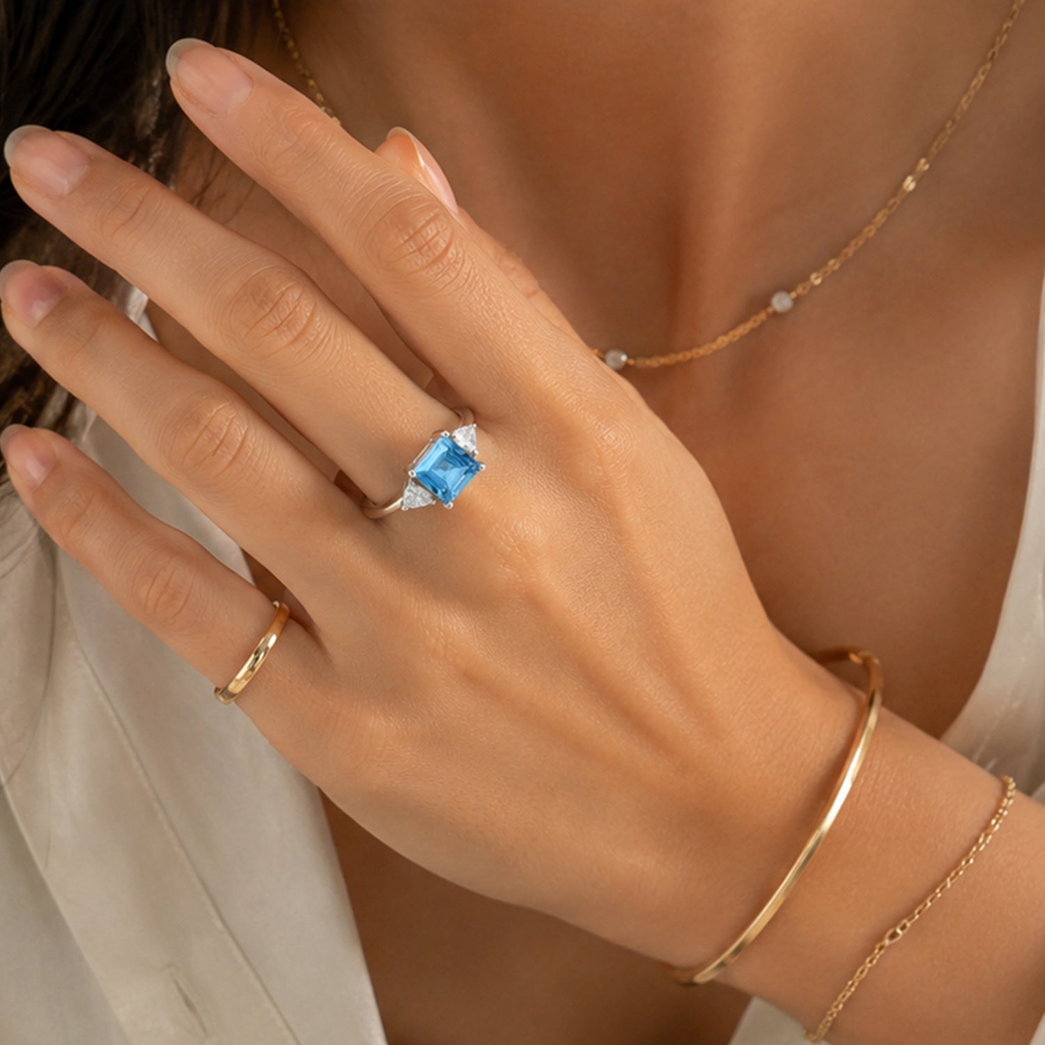 D'Joy - Swiss Blue Topaz &amp; Moissanite Trilogy Ring in Platinum Overlay Sterling Silver 2.56 Ct. 8719631 3