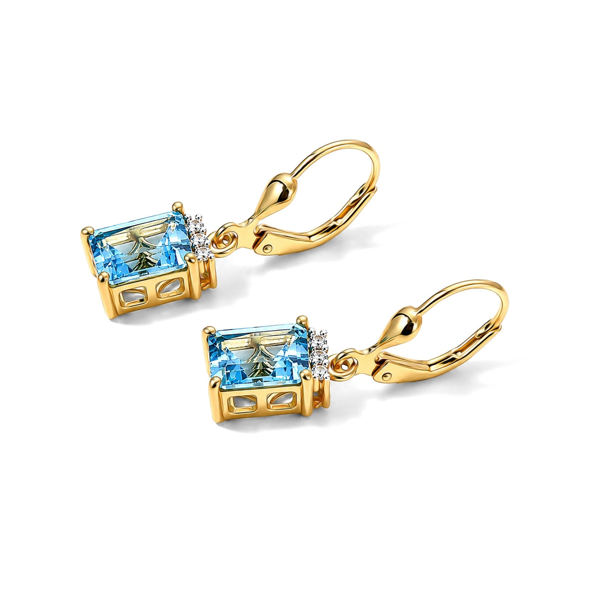 D'Joy - Swiss Blue Topaz &amp; White Zircon Earring with Lever Back in Yellow Gold Plated Sterling Silver 3.80 Ct. V32578124 4
