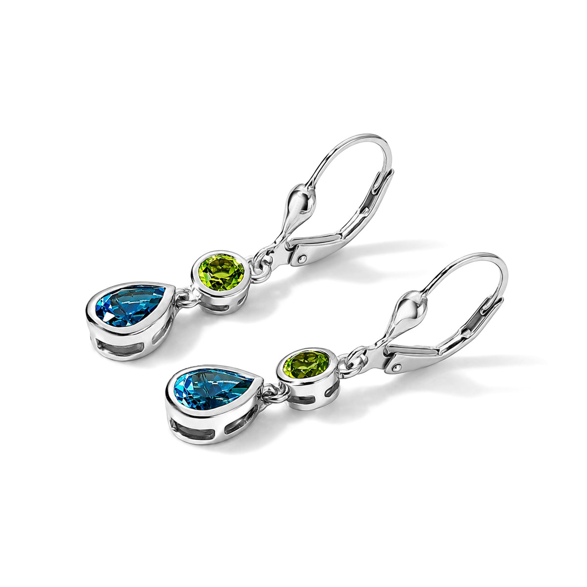 D'Joy - Swiss Blue Topaz &amp; Peridot Dangling Earring with Lever Back in Platinum Overlay Sterling Silver 2.30 Ct. V32578305 4