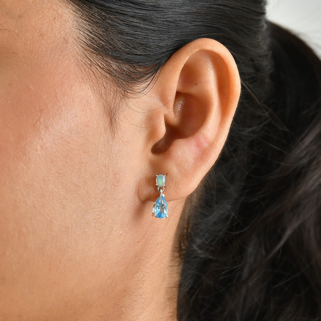 D'Joy - Swiss Blue Topaz & Ethiopian Opal Dangling Earring with Push Post in Platinum Overlay Sterling Silver 2.20 Ct._8719735_1