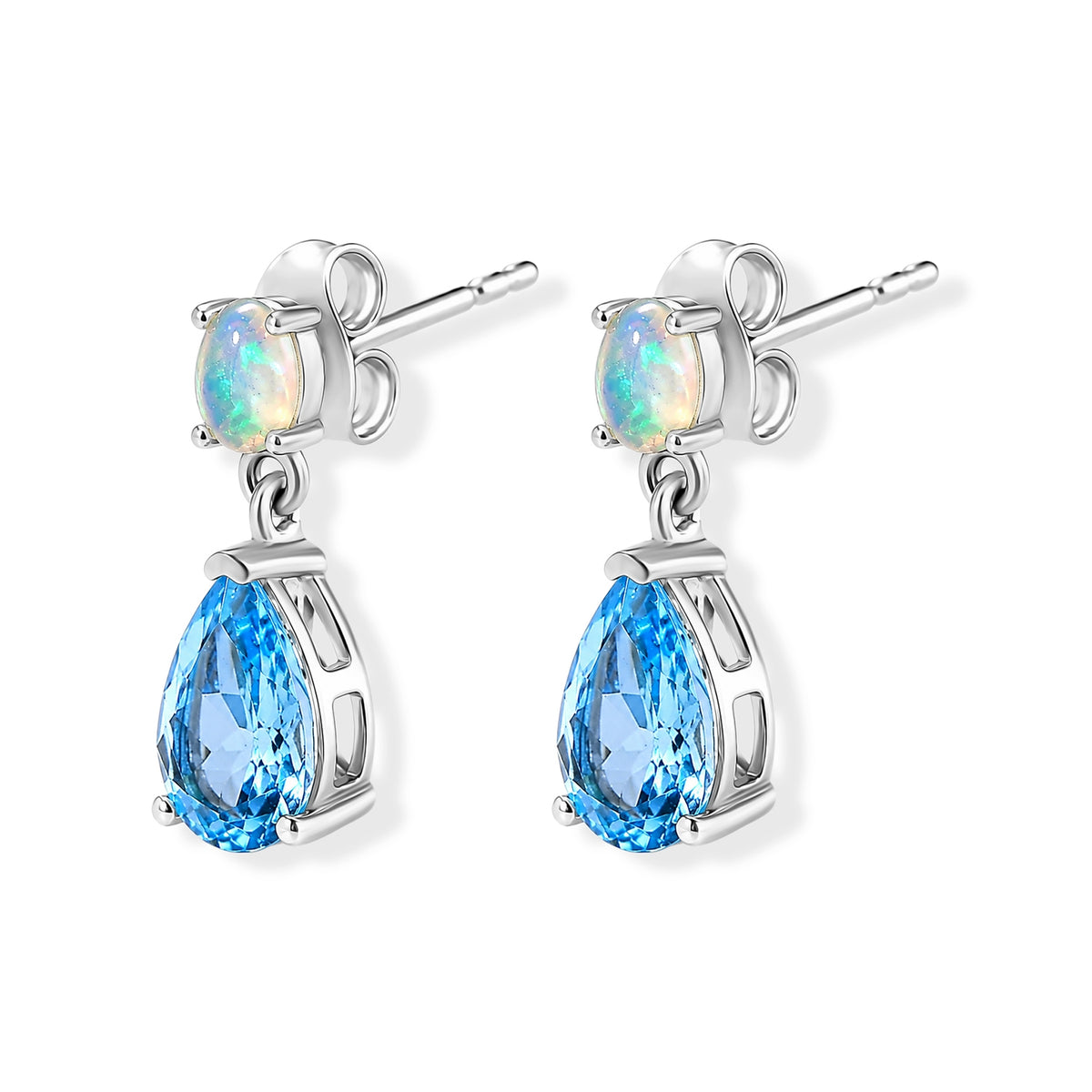 D'Joy - Swiss Blue Topaz &amp; Ethiopian Opal Dangling Earring with Push Post in Platinum Overlay Sterling Silver 2.20 Ct. V32578009 4