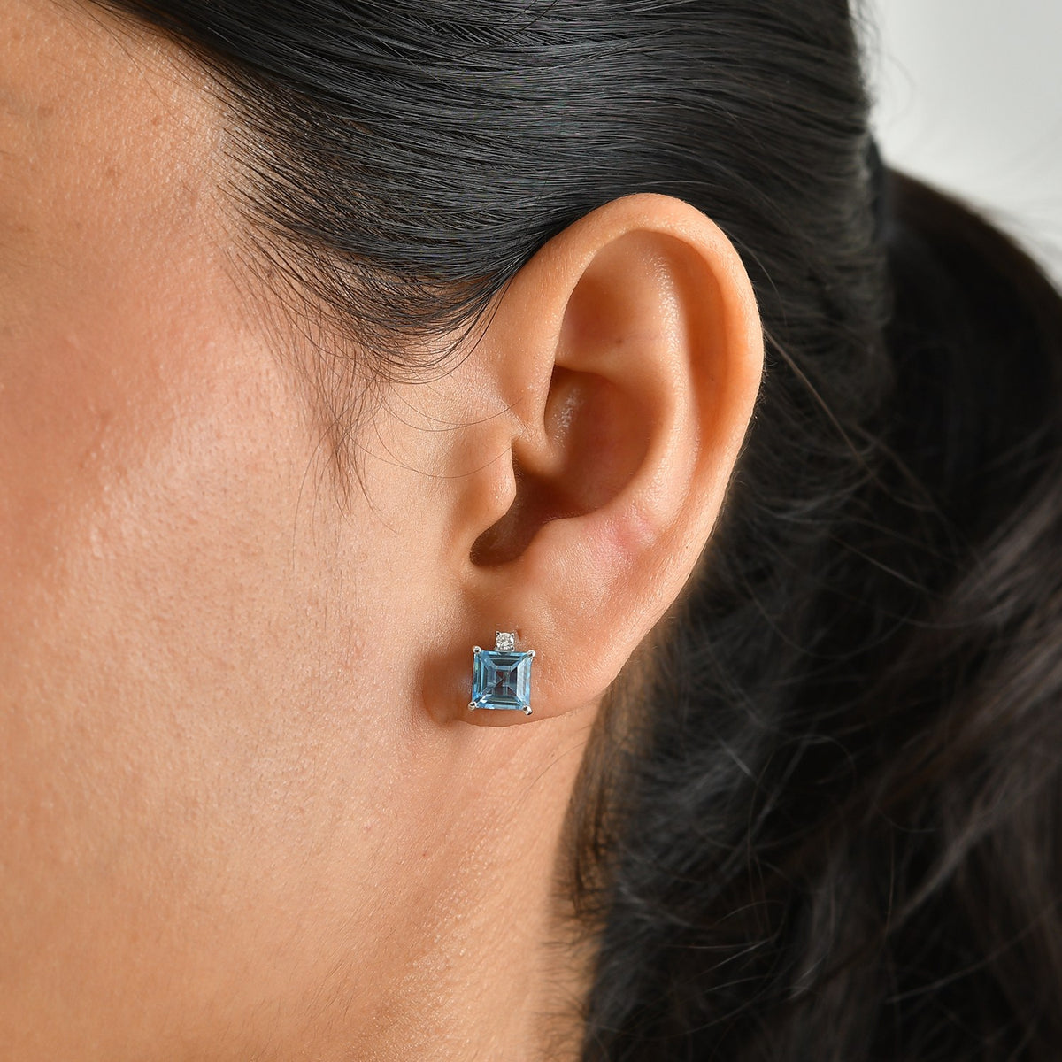 Luxuriant - Swiss Blue Topaz &amp; Lab Grown Diamond (SI/G-H) Stud Push Post Earring in Platinum Overlay Sterling Silver 2.70 Ct. V32578738 2